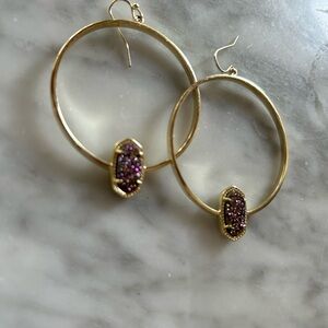 Kendra Scott gold hoops with purple/pink druzy stones